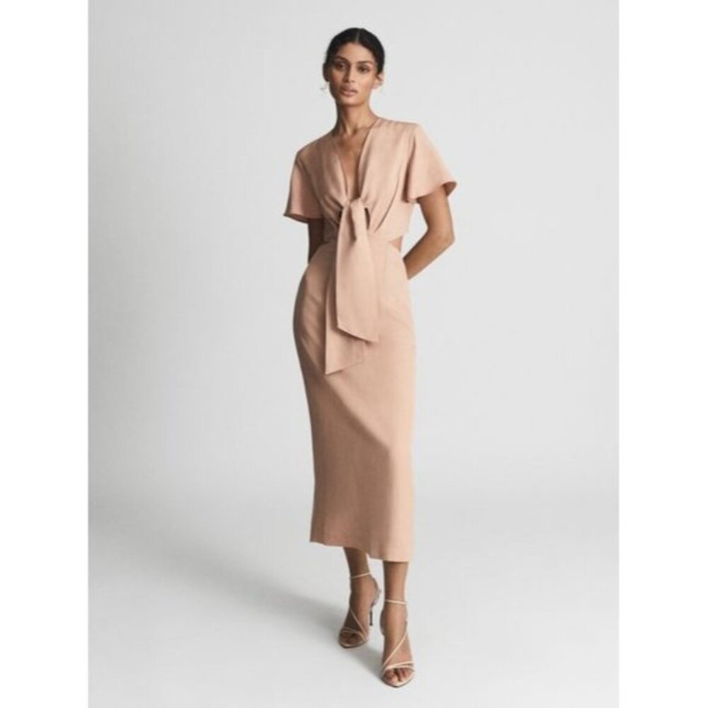 NWOT REISS IONA TIE WAIST BODYCON MIDI BLUSH DRESS SIZE 12